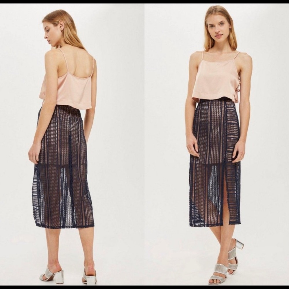 Topshop geometric crochet navy blue skirt sz 4